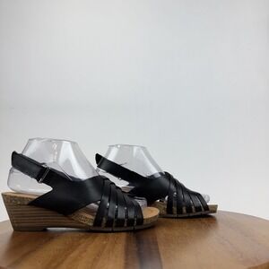 New Womens Earth Hartie Black Leather Strappy Slingback Wedge Sandals Size 6.5 M